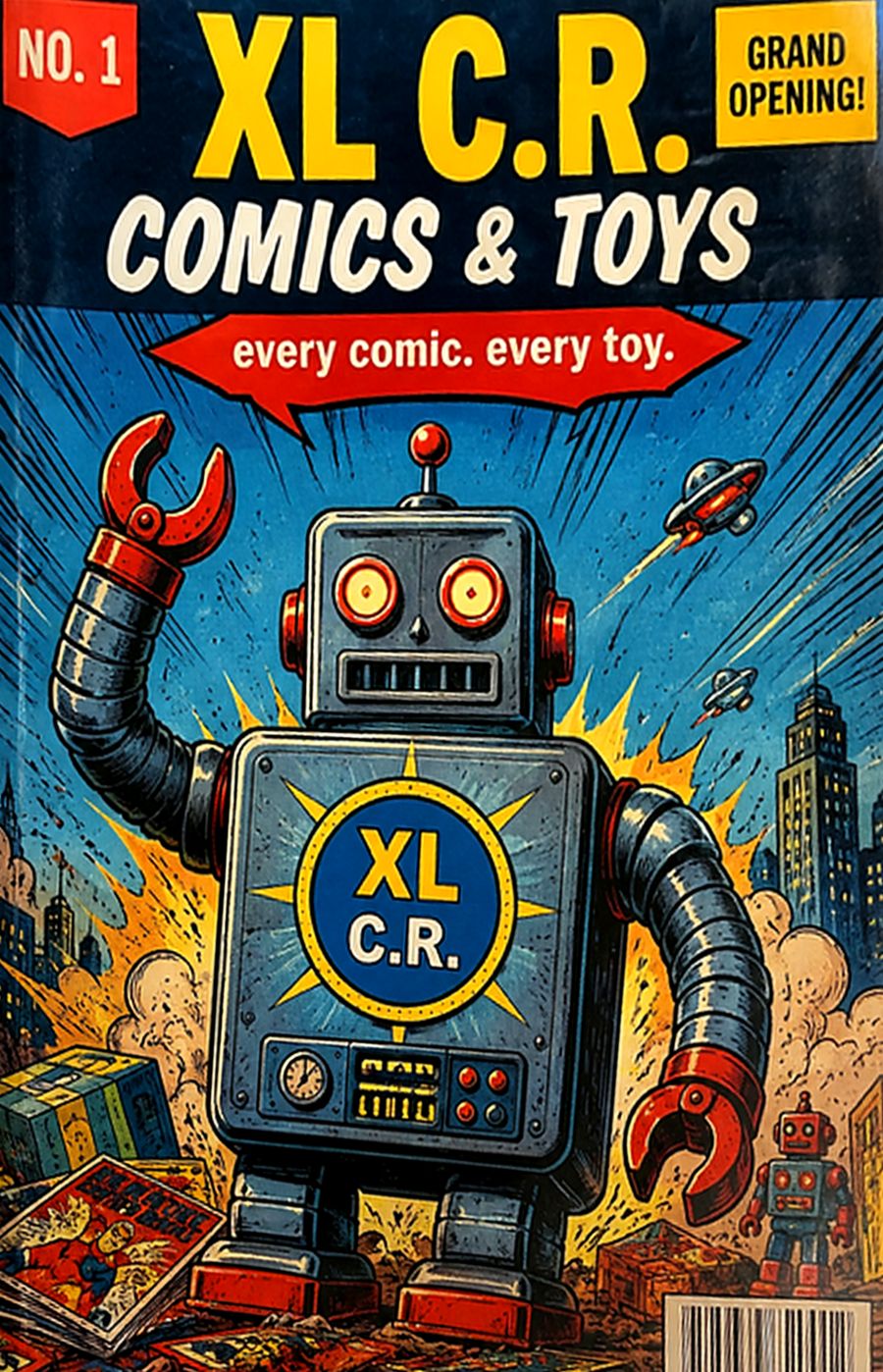 XL C.R. Comics & Toys issue No. 1 cover art: a giant retro robot with the XL C.R. badge on its chest.